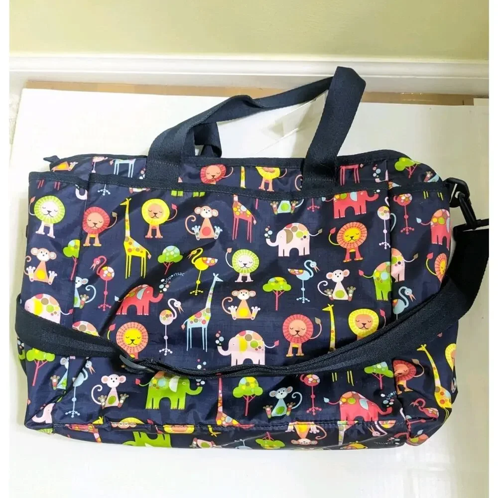 Lesportsac Large Baby Diaper Bag Safari Nylon Blue Lion Elephant Flamingo